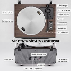 All in One Vinyl Record Player,Bluetooth Turntable Built in 4 Stereo Speakers Phono Preamp,High Fidelity Turntables for Vinyl Records with Magnetic Cartridge AT-3600L,2-Speed,33/45RPM,PC Recording