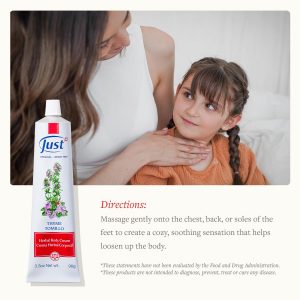 SwissJust Crema de tomillo, tomillo tomillo 3.39 oz. Crema de masaje con aceite de alcanfor, aceites esenciales de manzanilla de eucalipto limón, romero, soja y pino.