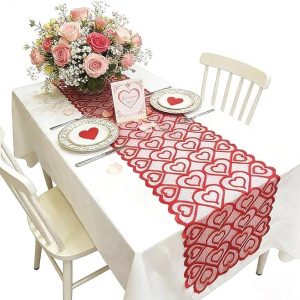 Red Heart Lace Table Runner, Valentines Day Decor for Wedding Party, Valentines Decorations, Anniversary Kitchen Dining Table Decorations Home Party, 13x72 Inches(Red)