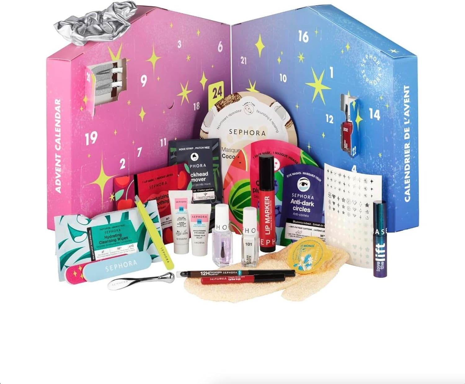 Sephora - Calendario de Adviento 2024, con luces móviles, 24 sorpresas, incluye maquillaje, productos de cuidado, del baño y accesorios