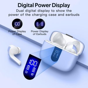 TAGRY Auriculares Bluetooth verdaderamente inalámbricos de reproducción de 60 horas con pantalla LED de alimentación con estuche de carga inalámbrica IPX5, auriculares intrauditivos impermeables con micrófono para TV, teléfono inteligente, portátil, computadora, deportes