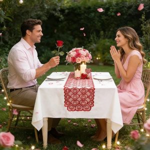Red Heart Lace Table Runner, Valentines Day Decor for Wedding Party, Valentines Decorations, Anniversary Kitchen Dining Table Decorations Home Party, 13x72 Inches(Red)