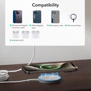 ESR para Qi2 Magsafe Charger, cargador inalámbrico de 15 W, almohadilla de carga inalámbrica para iPhone 15/14/13/12, AirPods 4/3/Pro/Pro 2, Galaxy S25, almohadilla de carga magnética fuerte con cable tipo C, plateado