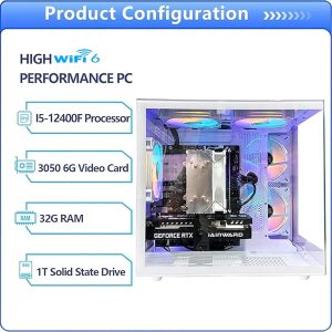 Desktop Computers,32G RAM,1TB NVMe SSD,Core i5-12400F,RTX 3050 6G,Prebuilt Gaming PC,Tower Computer Gamer,Work,VR,4K,Home and Business WiFi 6 White