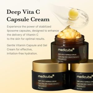 medicube Deep Vitamin C Golden Capsule Face Moisturizer - Cápsulas de liposomas para arrugas, resplandor de la piel - Gel transparente para hidratación brillante - Cuidado de la piel coreano 1.94 oz