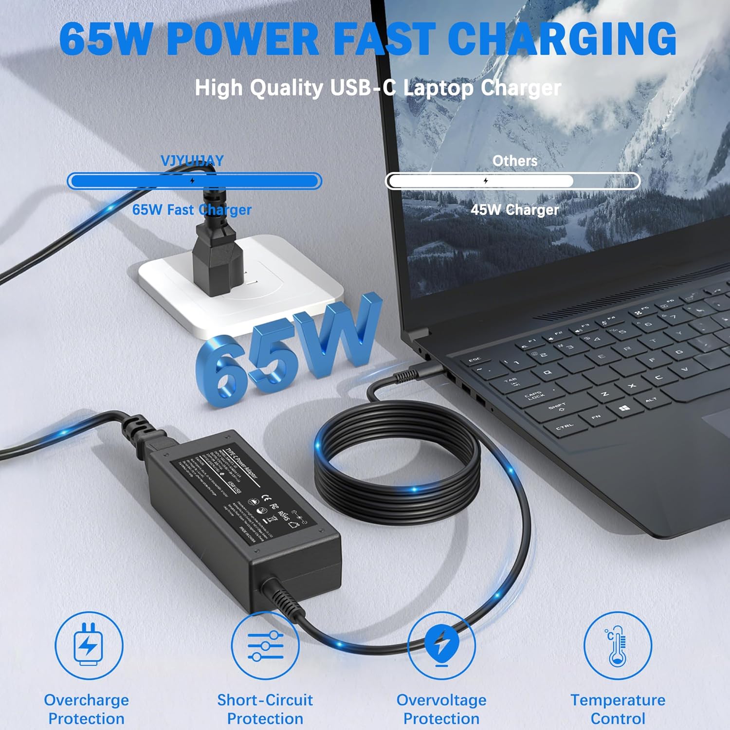 Universal 65W USB C Laptop Charger Compatible with HP chromebook Lenovo Dell Acer Asus Samsung Google Computer Type C Power Adapter