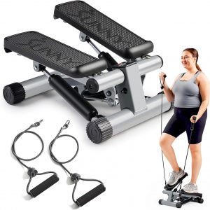 Sunny Health & Fitness Mini Stepper for Exercise at Home, Stair Step Workout Machine with Resistance Band and Over 300lb Weight Capacity, Optional Twist Motion and Free SunnyFit App Connection