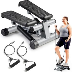 Sunny Health & Fitness Mini Stepper for Exercise at Home, Stair Step Workout Machine with Resistance Band and Over 300lb Weight Capacity, Optional Twist Motion and Free SunnyFit App Connection