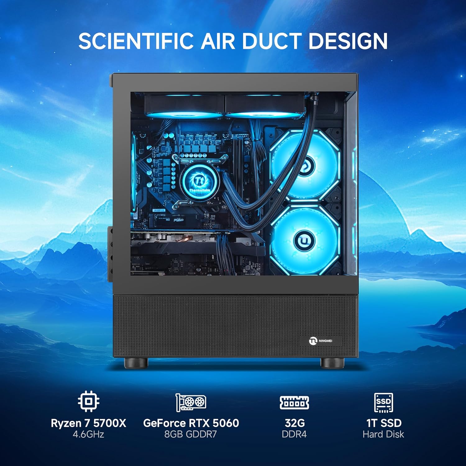 NINGMEI Supreme Master Gaming PC Desktop,AMD Ryzen 7 5700X 8 core 3.4GHz(up to 4.6GHz),GeForce RTX 5060 8GB,32GB DDR4 RAM 3200MHz,1TB NVME SSD,600W PSU,Windows 11 Home 64-bit,Black