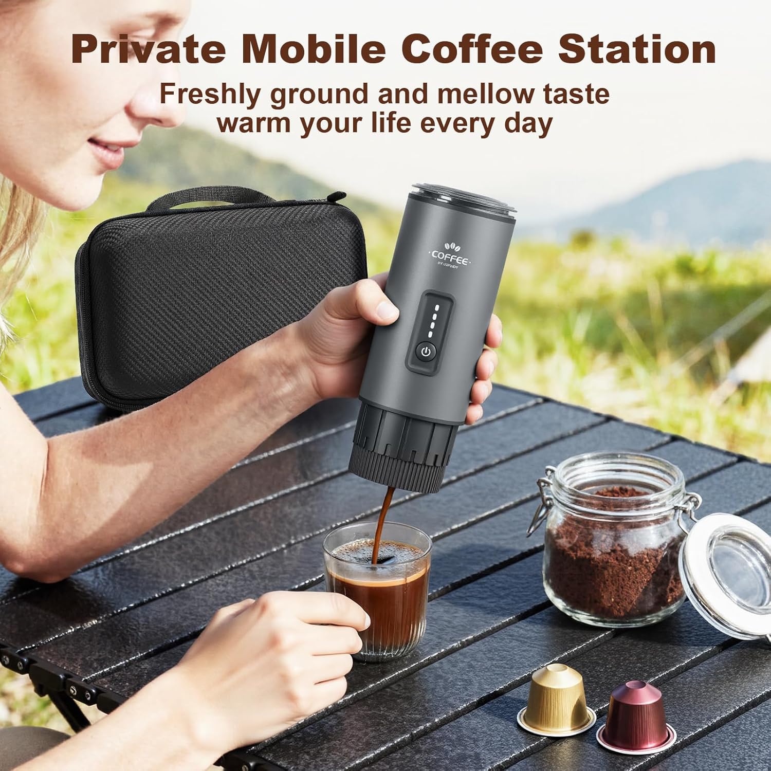 Portable Coffee Maker, 3 in 1 Electric Espresso Machine Set, Rechargeable Self-Heating Brewer with Carrying Bag and Coffee Stand for Office Camping, Hiking