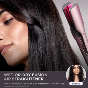 Shark FlexFusion Hair Straightener & Powerful Hair Dryer with Fusion Hair Brush, Ceramic Air Styler with Auto-Wrap Curlers & Concentrator, Ceramic Plates, Cosmic Blush HD641S
