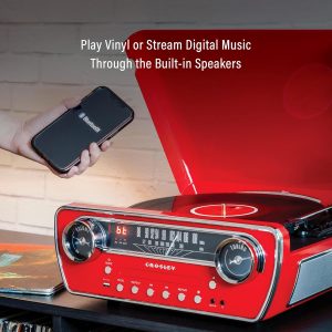 Crosley CR6047A-RE Powel - Reproductor de discos de vinilo Bluetooth 7 en 1 con radio AM/FM, reproductor de CD y entrada auxiliar, rojo
