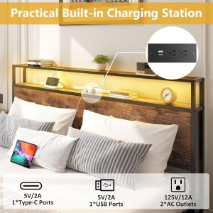 Lifezone Queen Bed Frame with 2-Tier Storage Headboard, Metal Platform Bed Frame with 4 Storage Drawers, Built in Charging Station & LED, Noise-Free/Metal Support/No Box Spring Needed, Vintage Brown