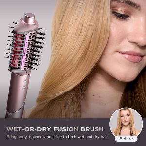 Shark FlexFusion Hair Straightener & Powerful Hair Dryer with Fusion Hair Brush, Ceramic Air Styler with Auto-Wrap Curlers & Concentrator, Ceramic Plates, Cosmic Blush HD641S