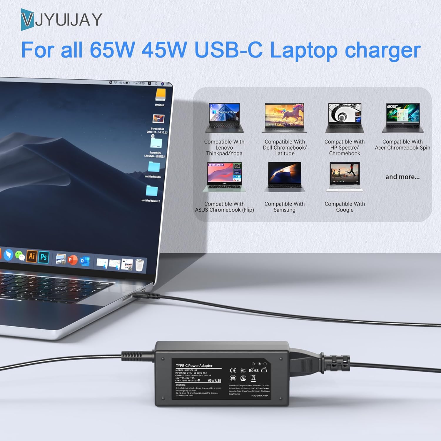 Universal 65W USB C Laptop Charger Compatible with HP chromebook Lenovo Dell Acer Asus Samsung Google Computer Type C Power Adapter
