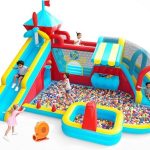 Casa inflable de rebote con tobogán, castillo de rebote grande 10 en 1 con soplador, salto, baloncesto, lanzamiento, juego de pelota, pared de escalada, castillo animoso para patio trasero familiar