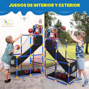 JOYIN Juego de baloncesto arcade con 4 bolas y aro para niños de 3 a 12 años de edad, juego deportivo en interiores y exteriores, fácil de instalar, bomba de aire incluida, ideal para competición