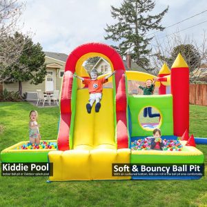 HuaKastro Large Bounce House for Big Kids – Inflatable Playground with Tall Slide, Climbing Wall, Water Pool, Bouncy Ball Pit, Tunnel, Ring Toss Cones, Perfect for Backyard Party Family Gatherings