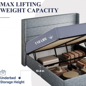 Allewie Queen Size Lift Up Storage Bed, Modern Wingback Headboard, Hydraulic Support, No Box Spring Needed, Grey Blue