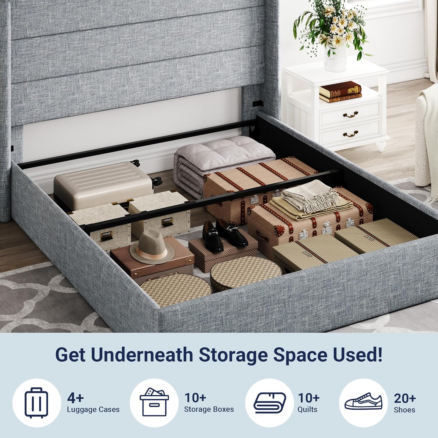 Allewie Queen Size Lift Up Storage Bed, Modern Wingback Headboard, Hydraulic Support, No Box Spring Needed, Grey Blue