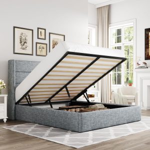 Allewie Queen Size Lift Up Storage Bed, Modern Wingback Headboard, Hydraulic Support, No Box Spring Needed, Grey Blue
