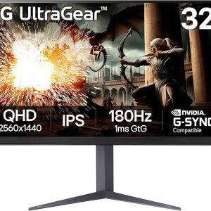 LG Monitor para juegos Ultragear QHD (2560x1440) de 32 pulgadas, 180 Hz, 1 ms, IPS, DisplayHDR 400, compatible con NVIDIA G-SYNC, AMD FreeSync, sincronización adaptativa VESA, HDR10, soporte de inclinación/altura/pivote, HDMI, DisplayPort, negro