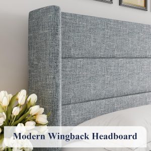 Allewie Queen Size Lift Up Storage Bed, Modern Wingback Headboard, Hydraulic Support, No Box Spring Needed, Grey Blue