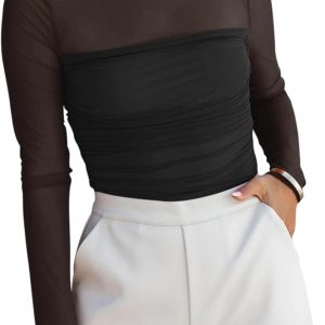 REORIA Body sexy de manga larga con cuello alto falso para mujer, de malla transparente, fruncido, para salir
