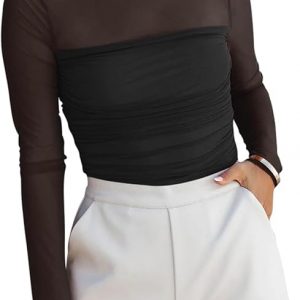 REORIA Body sexy de manga larga con cuello alto falso para mujer, de malla transparente, fruncido, para salir