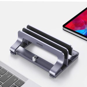 UGREEN - Soporte vertical para laptop de 2 ranuras para escritorio, compatible con MacBook Pro Air, Lenovo Ideapad, Surface Book, HP Notebook, Dell Chromebook de hasta 17,3 pulgadas, gris espacial