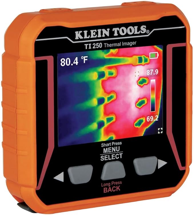 Klein Tools Cámara de imágenes térmicas recargable TI250, la cámara muestra más de 19,200 píxeles con 3 paletas de colores, puntos de temperatura alta/baja