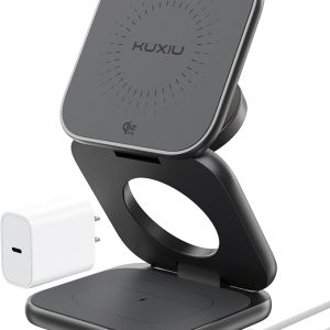 KU XIU Qi2.2 25W Magnetic Wireless Charger, Foldable 3 in 1 Travel Charging Station for iPhone 17/16/15/14/13/12, 5W for Apple Watch & AirPods, Aluminum Alloy Design, 45W GaN Adapter Included, Gray