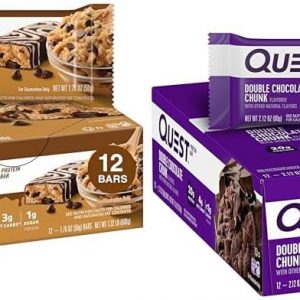 Quest Nutrition Dipped Chocolate Chip Cookie Dough Protein Bars, 1.76 Oz, 12 Ct & Double Chocolate Chunk Protein Bars, High Protein, Low Carb, Gluten Free, Keto Friendly, 12 Count