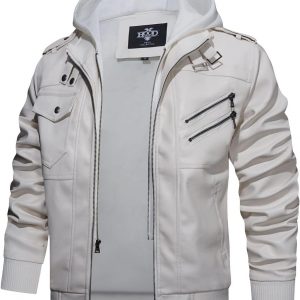HOOD CREW Men’s Casual Stand Collar PU Faux Leather Zip-Up Motorcycle Bomber Jacket With a Removable Hood