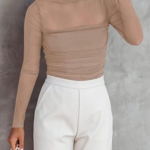 REORIA Body sexy de manga larga con cuello alto falso para mujer, de malla transparente, fruncido, para salir