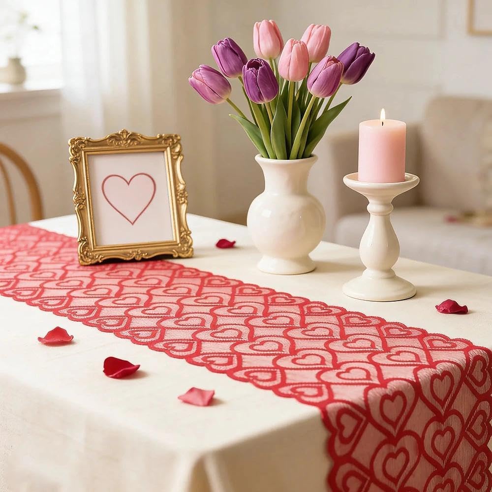 Camino de mesa de encaje con corazón rojo, decoración del día de San Valentín para bodas, decoraciones de San Valentín, aniversario, cocina, comedor, decoración de mesa de hogar, 13 x 72