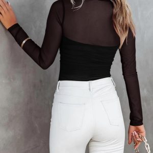 REORIA Body sexy de manga larga con cuello alto falso para mujer, de malla transparente, fruncido, para salir