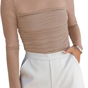 REORIA Body sexy de manga larga con cuello alto falso para mujer, de malla transparente, fruncido, para salir