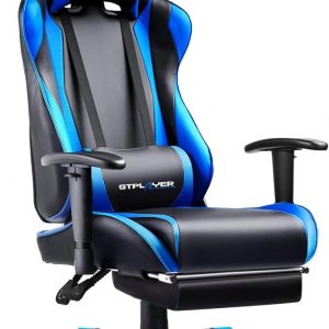GTPLAYER Gaming Chair with Footrest, Ergonomic Computer Game Desk Chair, Reclining Game Chair Seat Height Adjustment, Swivel Rocker with Headrest and Lumbar (Blue)