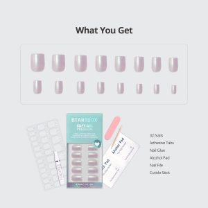 BTArtbox Press On Nails Short - Pearlescent Glitter Square Press On Nails with Glue for Women, Opaque Soft Gel Glue On Nails in 16 Sizes - 32 Stick On Nails Kit, Screaming Silver