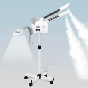 BBBuy Vaporizador facial profesional 3 en 1 de limpieza profunda con ozono facial con luz de aumento 5X y ruedas giratorias, función de niebla caliente/fría para salón, spa, equipo de belleza para el hogar, color blanco