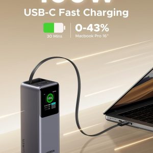 UGREEN Nexode Power Bank 20000mAh 165W with Built-in USB C Cable Laptop Travel Portable Charger, 100W Input, Fast Charging for MacBook Pro/Air/iPhone 17/16/iPad Pro/Galaxy S25 Ultra/Dell/HP and More