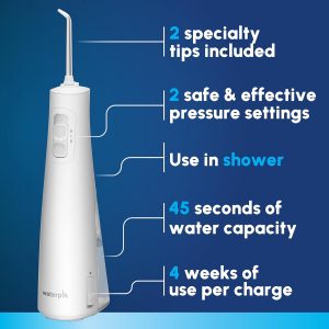 Waterpik Cordless Pulse Rechargeable Portable Water Flosser for Teeth, Gums, Braces Care and Travel with 2 Flossing Tips, Waterproof for Shower, ADA Accepted, WF-20 White, Packaging and Tips May Vary