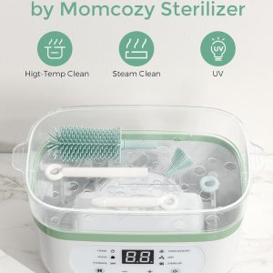 Momcozy Bottle Brush Set - Baby Bottle Cleaner Kit with Silicone Brush, Nipple Brush, Straw Brush, Soap Dispenser, Drying Rack - 7 in 1 Bottle Cleaning Tool for Home and Travel, Green