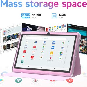 HOTTABLET Tablet 7Inch Android 14.0 with Protective Case, 8GB(4+4GB Expand) RAM+ 32GB ROM, IPS Screen, Dual Camera, Bluetooth 5.0 WiFi Tab (Pink)