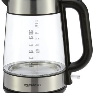 Amazon Basics Electric Kettle with Glass Carafe for Tea and Coffee, BPA-Free, Fast Boiling, Auto Shut-Off, 1.7 Liter, 1500W, Black and Silver