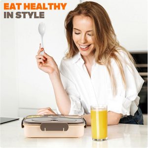 EASYFUN Bento Box Adult, Lunch Box, 4-Compartment Lunch Containers, Drop-Proof, Dishwasher Safe & Made with BPA-Free Materials(Khaki)