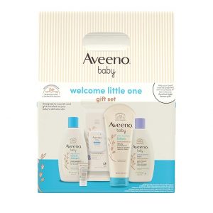 Aveeno Baby Welcome Little One - Set de regalo para el cuidado de la piel con gel corporal nutritivo y champú, lavado de baño relajante, toallitas completas, loción hidratante diaria y bálsamo, 5