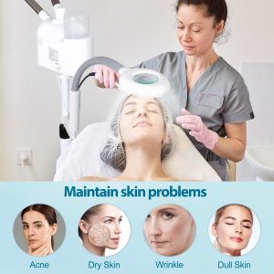 BBBuy Vaporizador facial profesional 3 en 1 de limpieza profunda con ozono facial con luz de aumento 5X y ruedas giratorias, función de niebla caliente/fría para salón, spa, equipo de belleza para el hogar, color blanco