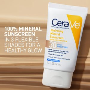 CeraVe Protector solar mineral hidratante SPF 30 con tinte transparente, protector solar mineral tintado con óxido de zinc y dióxido de titanio, se mezcla sin problemas para un brillo saludable